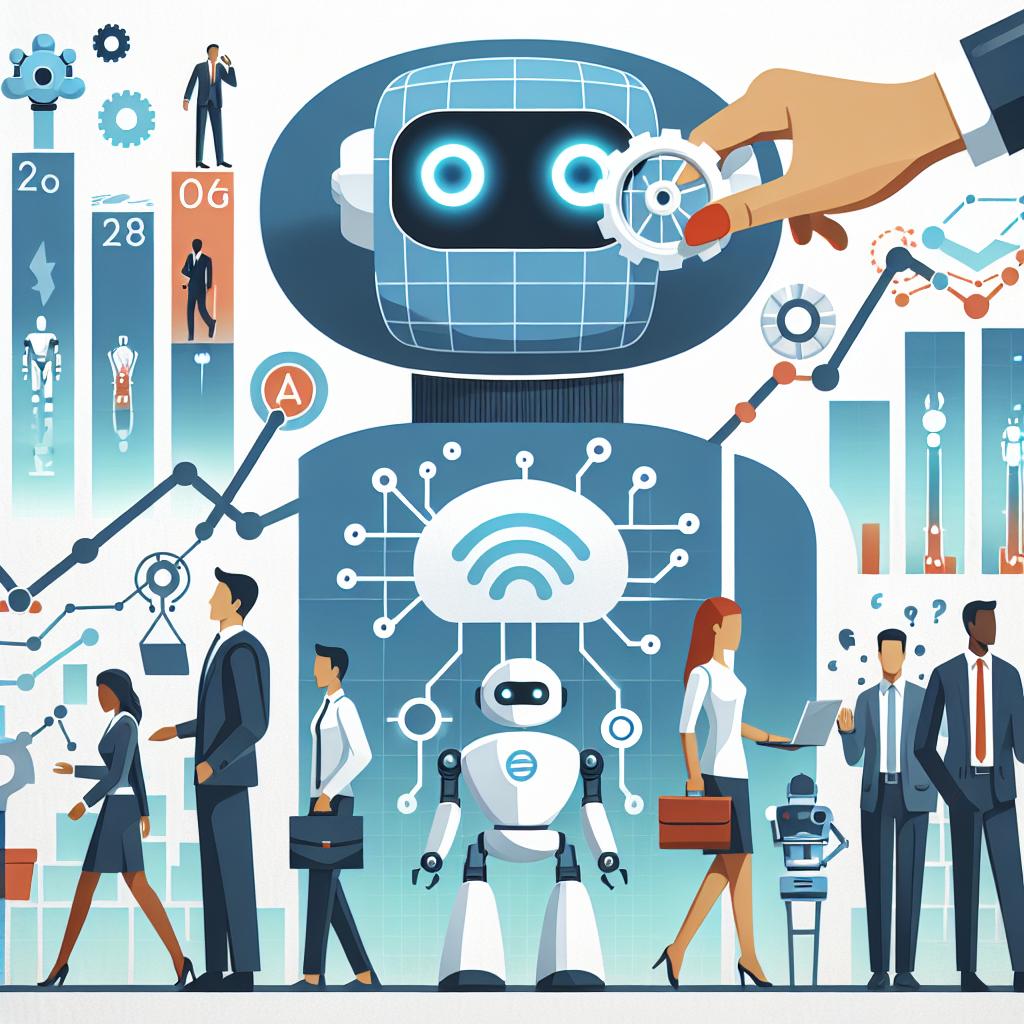 Create an image that showcases the rise of artificial intelligence agents in the business environment. The image is inspired by the anticipation of automatizing up to 30% of current work hours by 2028, leading to new operational models and more efficient operations. It should be a 2D, vectored, and flat illustration with a corporate feel. The backdrop, a plain white and textureless canvas. The composition should include iconography of artificial intelligence, symbolizing automation and technology. Depict robots representing the transformation of work and growth charts visualizing the positive economic impact. Include depictions of people from diverse descents, gender, and roles working in the background, signifying human-machine interaction.
