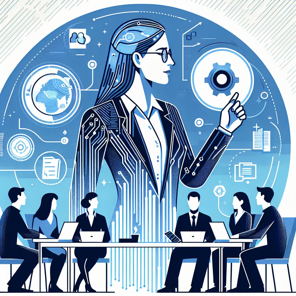 An image portraying a stereotype-agnostic woman, who has just been elected as a leading figure for a major technology organization for the year 2025, promising innovation and unity amongst the members. She is set against a blue background, symbolizing technology and innovation, participating in a discussion about engineering and ethics at an event run by the organization. The style is vector-based, flat, and corporate on a plain white textureless background with a 2D linear perspective. Also present are symbols representing the organization's importance, members discussing to show unity and collaboration, and a laptop and documents to signify work in technology and engineering.