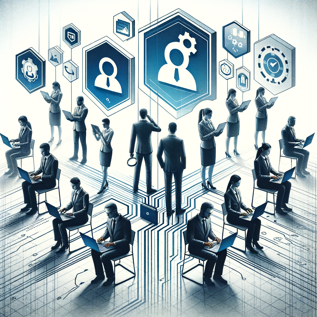 Create a 2D, Linear perspective image in a modern corporate style. Use Flat and Corporate design elements in the image, as well as a color palette of blues and grays to convey a sense of professionalism and innovation. The image's main setting is a white, textureless background and depicts professionals of various descents and genders using laptops and tablets. In the background, two logos, each representing different fictitious companies, are interconnected by a digital thread symbolizing technological collaboration. Ensure that the logos are prominent enough to be recognizable but not overwhelming. The image should embody an advanced search and analytical tool integrated into corporate life thanks to a strategic partnership.