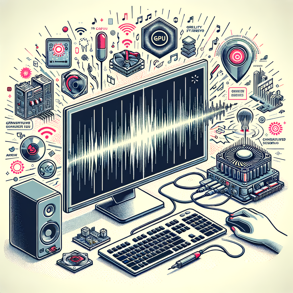 Create a corporate flat vector design illustration with a 2D linear perspective against a white, textureless backdrop. The image should depict a digital soundwave emanating from a text prompt on a computer, illustrating high-quality stereo audio's conversion from text. A computer represents the user interface for generating audio from text. A digital sound wave symbolizes the high-quality stereo audio output. The text prompt indicates the textual input converted into audio. Incorporate elements like GPUs in the background pointing to the model's accessibility with consumer GPUs, along with sound and music icons highlighting its applications in sound and music design.