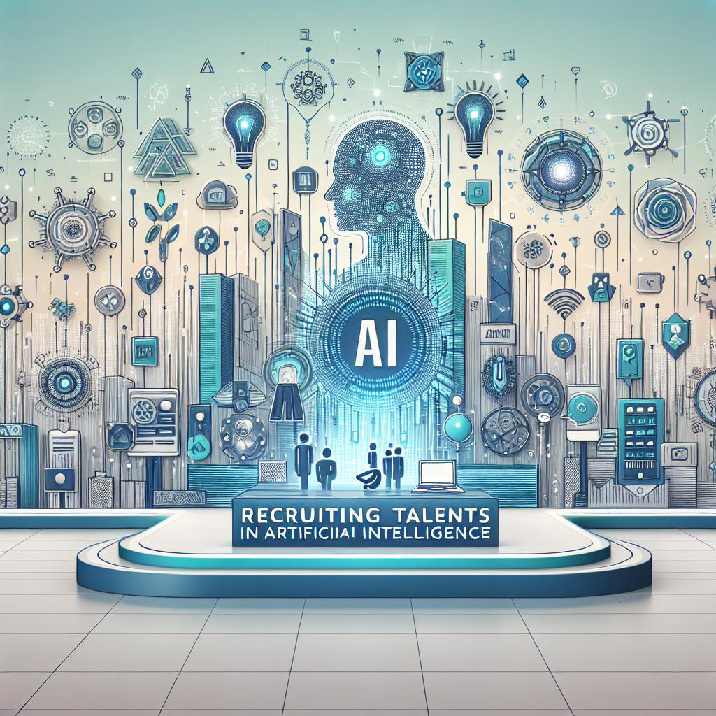 An image in a 2D, linear perspective that captures the essence of recruiting talents in artificial intelligence, featuring symbols of the AI industry and representations of unspecified tech companies on a backdrop that speaks of innovation. The setting is futuristic to illustrate the potential future of technology. The art style should be vector-based, flat, and corporate. The background is plain white and free of texture. Tech symbols, representations of the companies, and the futuristic setting are in vibrant colors to draw audience attention. Please note that no specific logos of real-world companies are to be used.