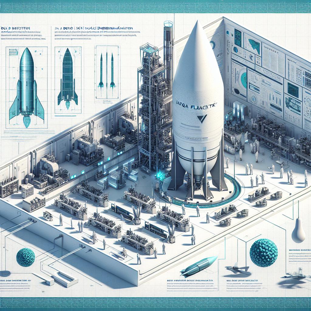 Imagine a 2D, vector-style, flat and corporate representation on a white, textureless background, evocative of a bold leap in rocket engine manufacturing in Boulder, Colorado. At the heart of the scene, envisage the Mega FlackTek, an innovative mixing machine developed in a partnership between Anduril Industries and FlackTek. Within the futuristically designed rocket engine production line, anticipate to see employees of varying genders and descents, utilizing modern technologies, all embodying safety with their outfits. On a further note, the addition of a light blue background symbolizes technology and innovation, whereas, machine Mega FlackTek attracts attention as the core technology. Further enrich the scene with graphical or technical data showcasing efficiency and innovation, with partially visible rockets or missiles intimating the end application of this technology.