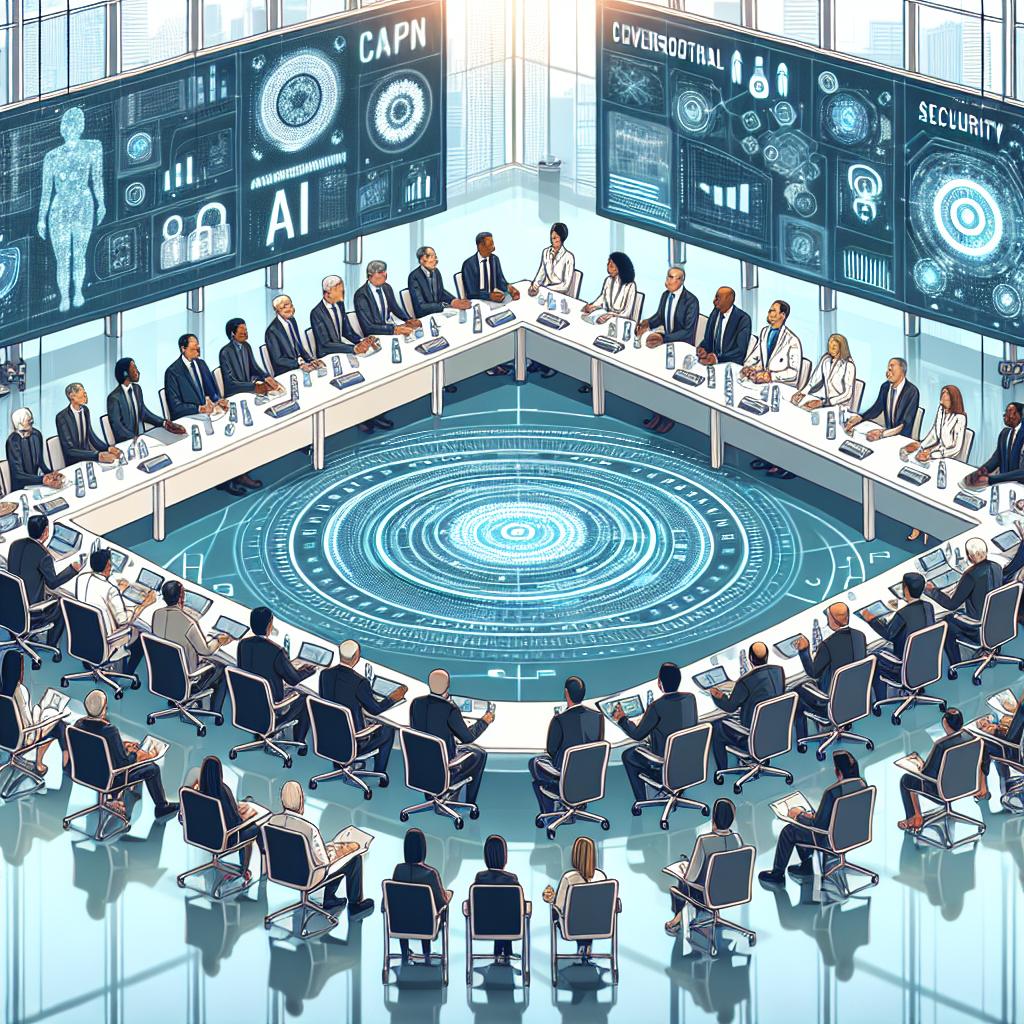 An illustration of an important round-table collaborative discussion about AI security, taking place in a modern technological setting in San Francisco. More than 90 cybersecurity specialists from both the governmental and industrial sector, showcasing a rich diversity of Caucasians, Hispanics, Blacks, Middle-Easterns, South Asians, White, among others, both in terms of gender and descent. These experts are actively engaged in the discussion. The room is equipped with high tech, digital screens on the walls, displaying data and graphs symbolizing AI security. The round-table is an emphasis on the collaboration among the different sectors. The environment has projected lights, denoting an innovative and technological ambiance. Depict this scene in a 2D, linear perspective with a white, textureless background, in a corporate and flat vector style.