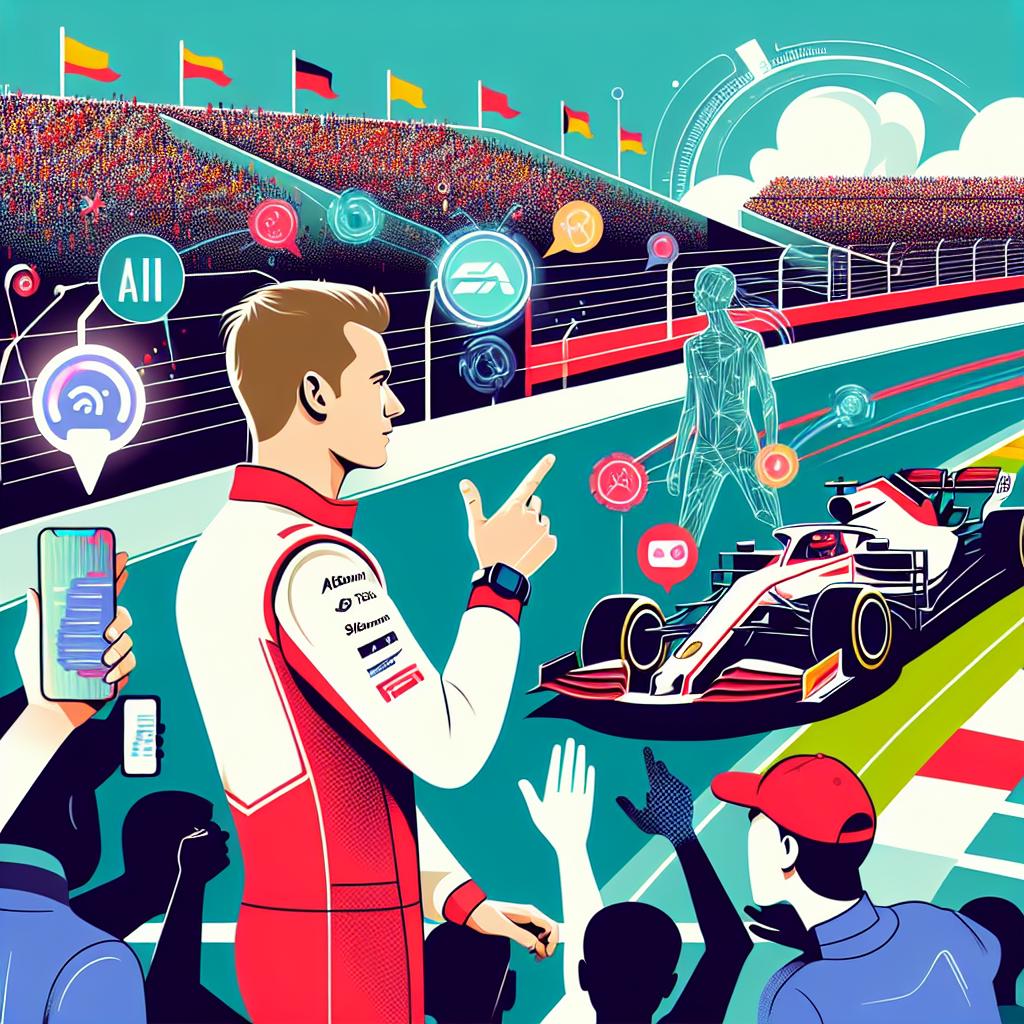 On October 11, 2024, an AI-powered tool was announced by a Formula One® team that aims to personalize the fans' experience by making content more accessible and interactive. The image should illustrate a male Caucasian racing driver in discussion with fans during a race, with visual elements suggestive of technology, such as AI icons on a vibrant race background. The image style should be vectorial, flat, and corporate with a clean, white, and texture-less backdrop. It's a 2D, linear perspective illustration. In addition, elements like AI icons symbolizing the technology, vibrant colors representing the energy and emotion of the racing environment should be present.