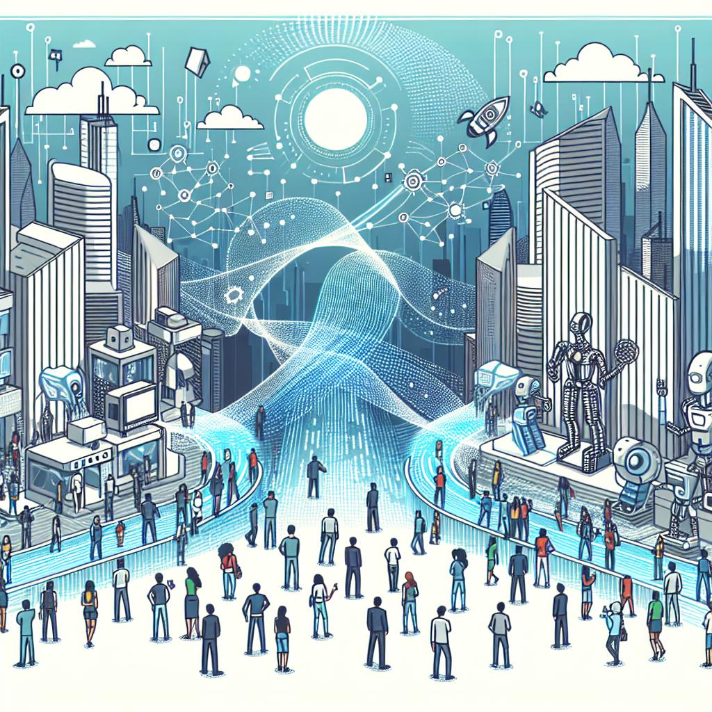 Futuristic scenario representing the advancement of Artificial Intelligence in Brazil. The image should be in a 2D linear perspective with a flat, corporate vector style on a plain white background. Striking elements include people of varying descents and genders interacting with machines and robots, which represent the development of AI. Data in the form of streams or waves flow around and within the technology, symbolizing its importance. Overarching all, a blue sky that symbolizes a promising future.