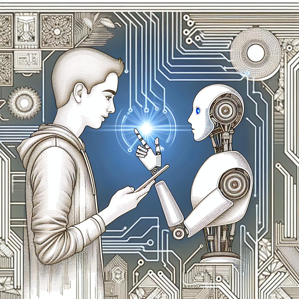 Create a detailed, linear 2D vector-style illustration with a white, textureless background that exemplifies the contemporary challenge of distinguishing between human and AI interactants online. In the foreground, depict a human user, of a middle-eastern descent and gender-neutral, actively engaging with a personified chatbot symbolizing cutting-edge artificial intelligence. The background should serve as a reminder of the ever-evolving digital landscape, incorporating technological and modern elements depicted in cold color tones to evoke a sense of modernity and advancement in technology.