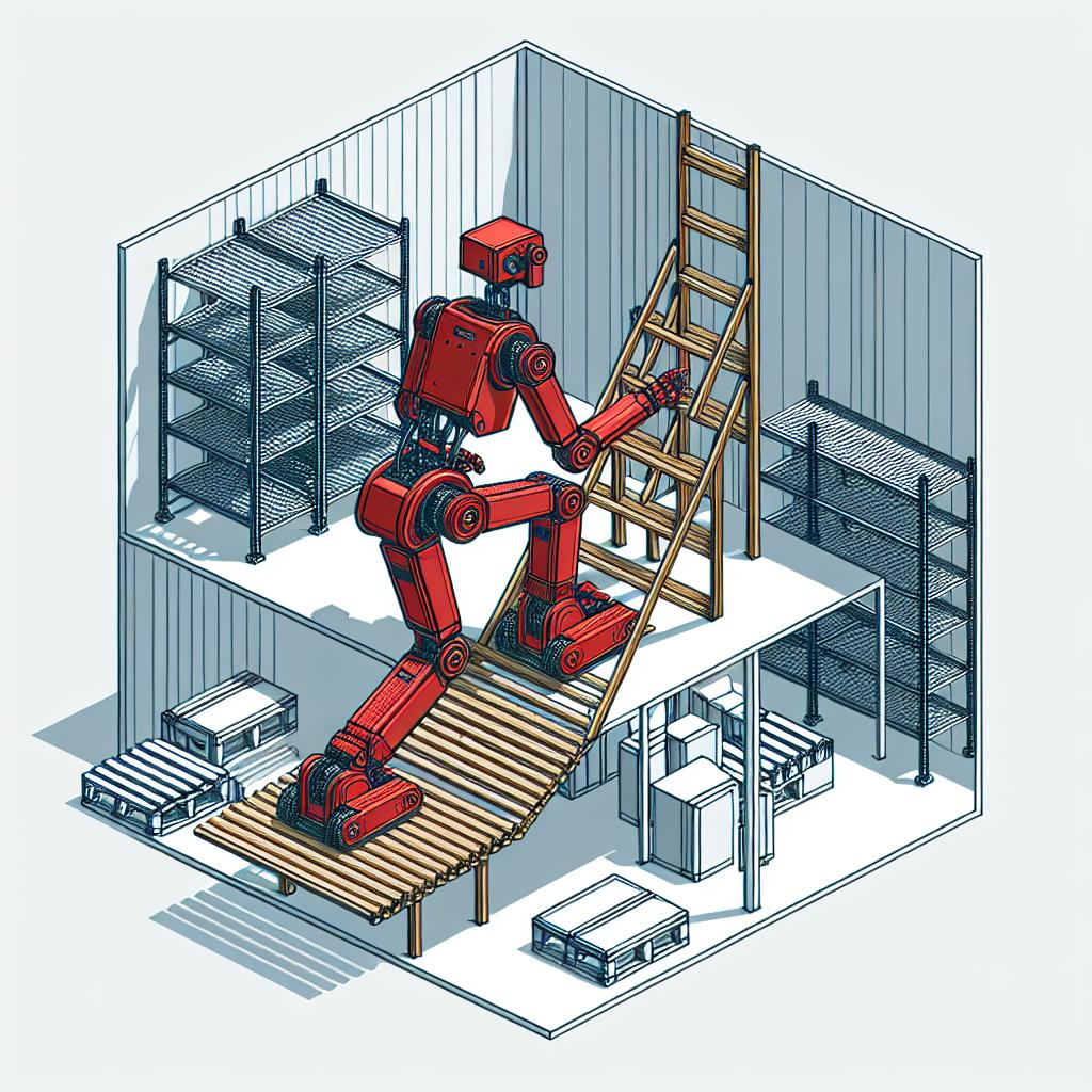 Generate a 2D, linear perspective image in a flat, corporate vector style. The primary focus should be on a red quadruped robot ascending a wooden ladder, symbolizing innovation in robotics. The surroundings convey an industrial environment detailed with elements like pallets, indicating a common area for robotic movement. The technical challenge taken up by robots is represented via the ladder. The entire image composition is set against a white, untextured background.