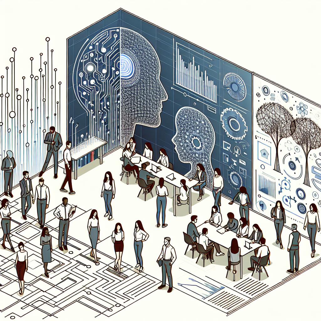 A 2D, linear perspective, vector flat-style corporate image set in a modern office environment. It depicts a diverse group of technology professionals working on an Artificial Intelligence project. This group should consist of individuals of different descents such as Black, Hispanic, South Asian, Middle-Eastern, and White as well as of different genders. The background is dominated by a white, textureless space teeming with standout data graphics, symbolizing the focus on technology and innovation. These graphics, along with the diverse group of tech professionals, represent the search for diverse talents in the field.