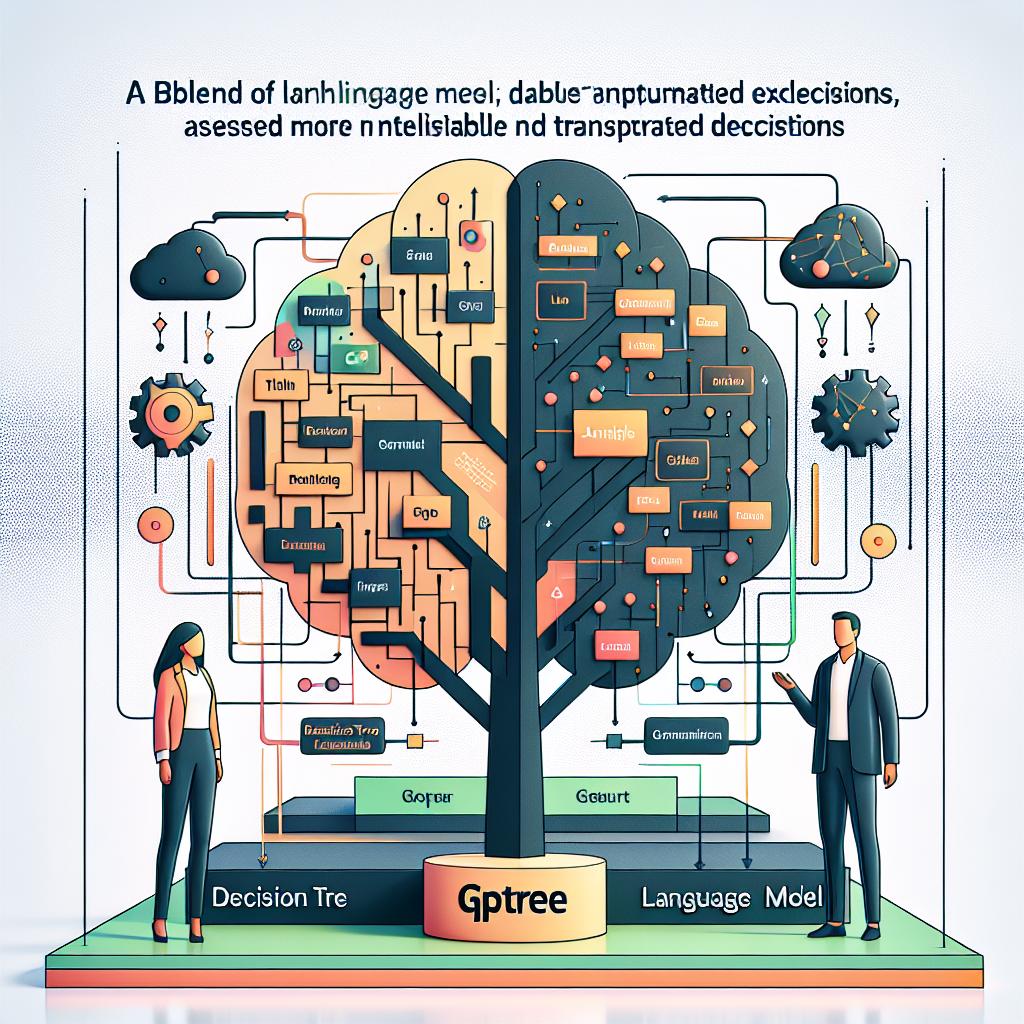 An innovative study introduces GPTree, a blend of large language models (LLMs) with decision trees, offering more intelligible and transparent automated decisions, assessed with a dataset about startup founders' success. This is a 2D, linear, vector style, corporate flat style image on a white and textureless background. It portrays the interaction between a decision tree and a language model, emphasizing the rendering of natural language explanations to simplify decision-making processes understanding. Essential elements include a decision tree symbolizing the decision-making model, a language model representing the part that generates explanations in natural language, distinct colors to highlight the distinction between components, and information flow lines connecting the elements, illustrating their interaction.