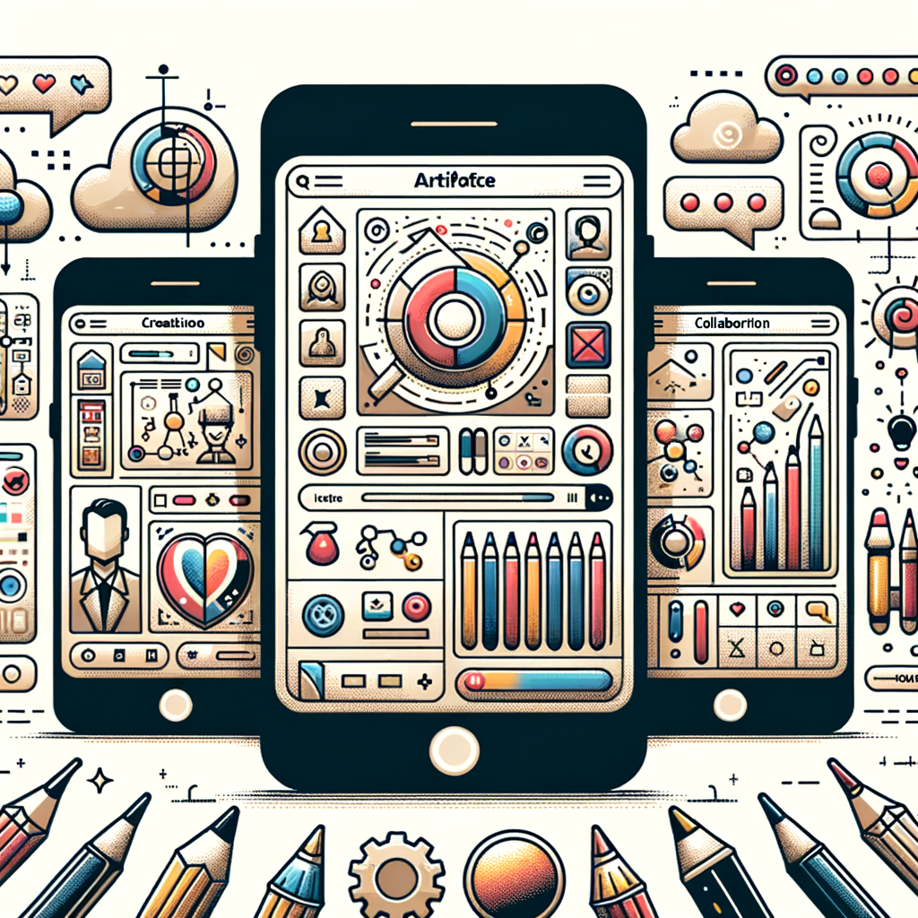 Create an image that shows a user interface depicting the Artifacts tool in action. The style should be vectorial, flat, and corporate on a white and untextured background with a 2-dimensional, linear perspective. The illustration should include icons representing collaboration among various users, elements symbolizing creativity such as paintbrushes and color palettes. Show the tool's availability on different mobile devices to represent accessibility on iOS and Android platforms. Additionally, include graphics and diagrams demonstrating the diverse types of Artifacts that can be created.