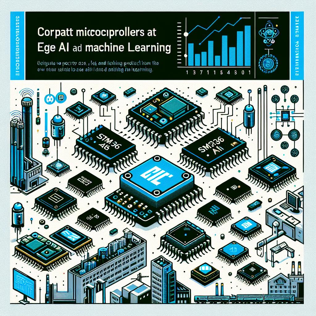Generate a vector-style, flat, corporate 2D image displaying various microcontrollers marked with STMicroelectronics. These chips signify the company's new product line, STM32N6, aimed at edge AI and Machine Learning. Set all of this against a white, textureless background. To illustrate the applications of AI at the edge, incorporate infographics related to AI. Use technological colors, such as blue and green, to symbolize innovation, and include an industrial setting to provide context for their use in factories.