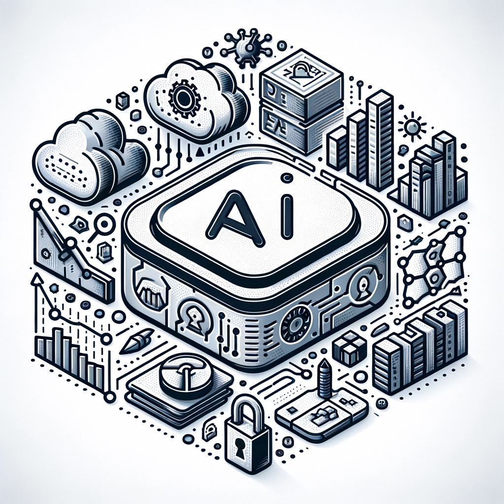 Create a 2D, flat, and corporate vector-style image on a white, textureless background. The image should represent Databricks' innovations in open-source artificial intelligence and data governance. It should include the following elements: a logo representing an innovative tech company (being careful not to directly replicate the Databricks logo); symbols for AI and BI to signify artificial intelligence and business intelligence solutions; visuals of graphs and data to represent data analysis and visualization; cloud and infrastructure icons showing compatibility with cloud and on-premise platforms; and a padlock to symbolize data security and governance.