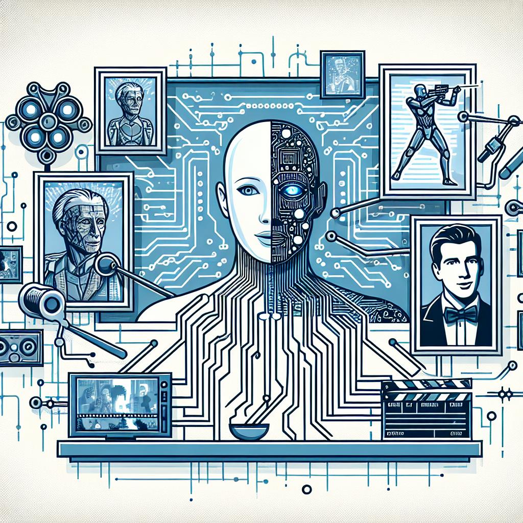 Visualize a futuristic image symbolizing the intersection of art and technology in a 2D linear perspective with elements of artificial intelligence and a reference to a historic voice actor, set against the backdrop of a classic film scene. The image is in a vectorial, flat, and corporate style set on a white, textureless background. Key elements include a circuit structure to symbolize the technology, stylized figures referencing a historic voice actor and an iconic male action movie star to represent a tribute connection, and classic film scenes in the background to portray the cinematic tradition.