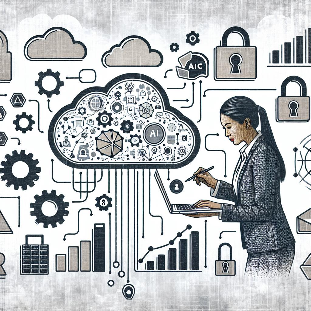 Create a flat, 2D, vector-style corporate illustration on a textured white background. Display a South-Asian female professional actively engaging with cloud technology. Essentials includes artificial intelligence icons, symbolizing innovation and technology usage. Clouds present to symbolize the flexibility of the BYOC model. The presence of padlocks underlines the security and compliance of data. Growth charts should ideally underscore the positive financial impact. This scenario collectively represents the integration of AI solutions in a regulated corporate environment, embodying the strategic solution of the Bring Your Own Cloud (BYOC) model.