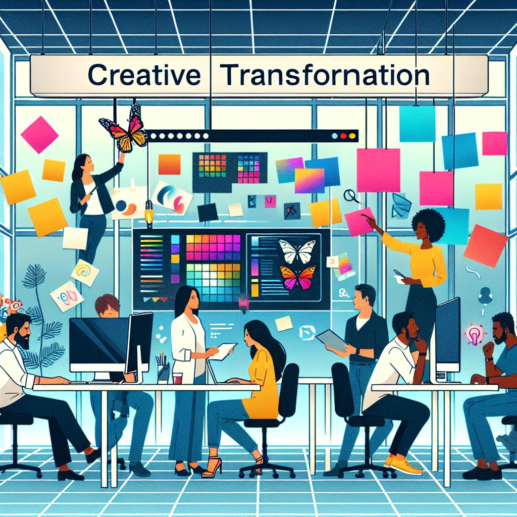 Imagine a flat, vector-style 2D illustrative scene happening inside a modern office. A diverse team of creative professionals is at work: an Asian woman brainstorming ideas, noted on colorful post-its; a black man engrossed in his computer, possibly coding; a Middle Eastern man analyzing creative graphics on a large screen, representing the use of digital tools for a collaborative project; and a Caucasian woman in a meaningful discussion with a Hispanic woman, reflecting the exchange of perspectives. The environment is filled with technology tools, signifying innovation. All of this captures the essence of a webinar titled 'Creative Transformation' aimed at optimizing creative workflows in businesses using an AI-based platform.