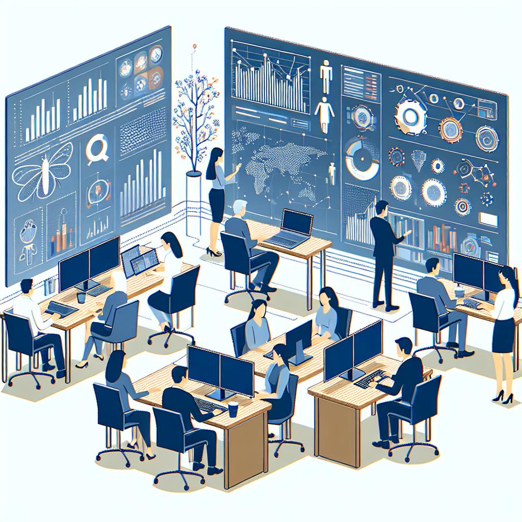 Generate a 2D, vector-style, flat, and corporate image that depicts a modern office setting. In this setting, a diverse team of professionals are at work, focused on screens that display charts and AI-related data. Make sure to portray an atmosphere of collaboration and innovation, symbolizing the impact of technology on business operations. The elements in the image should include data charts on screens, a diverse team of professionals, elements of technology like laptops and tablets to represent AI tools, and environment of a modern office. Let the background be plain and white, and void of any textures.