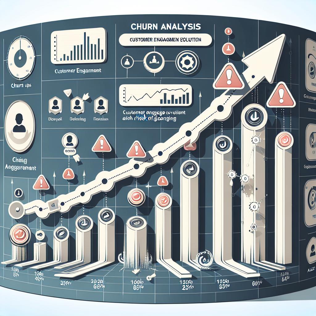 Envision a 2D, linear perspective image that conveys the concept of 'Churn Analysis'. The depiction should be in a corporate, flat vector style. The base of the image is a white, textureless background. The central element of this image is an interactive chart illustrating customer engagement evolution and churn points over time. Integrated into this chart are alert icons, which serve to emphasize customers at risk of leaving or 'churning'. Also featured on the chart are ascending and descending arrows, exemplifying the fluctuations in customer engagement over time.