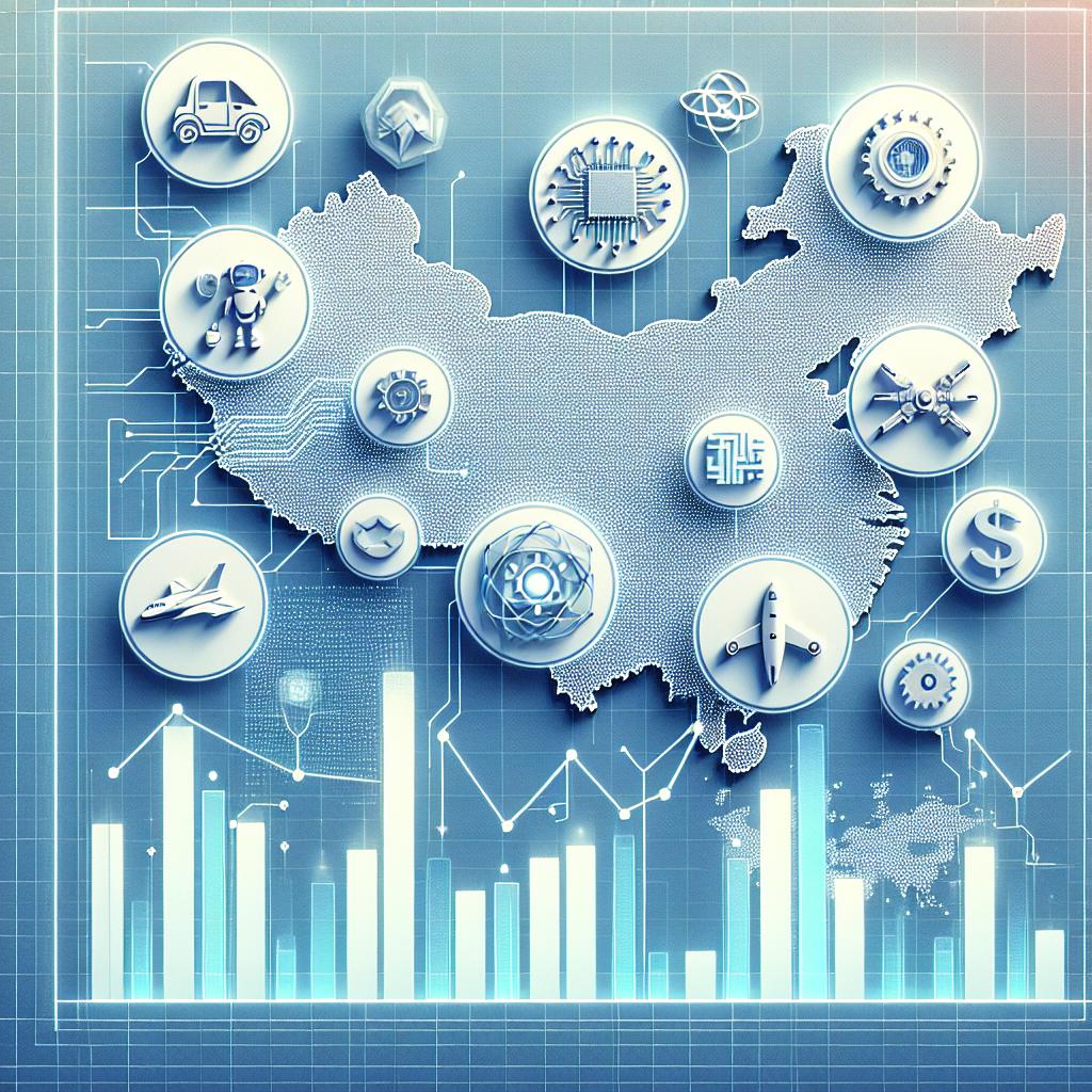Vision on a 2D, flat, and corporate style vector illustration. The image Picturing a bright, white, textureless background with vibrant-colored icons symbolizing six main sectors: electric vehicles, artificial intelligence, semiconductors, robotics, aerospace, and biomedicine. Each sector is clearly distinguished and represented with recognizable symbols. Growth charts situating next to the sector icons signify the rise and development in these areas. A stylized map of China is imprinted into the scene, showing the origin of these innovative leaps, while a digitally themed border or edge brings an ambiance of technology and innovation.