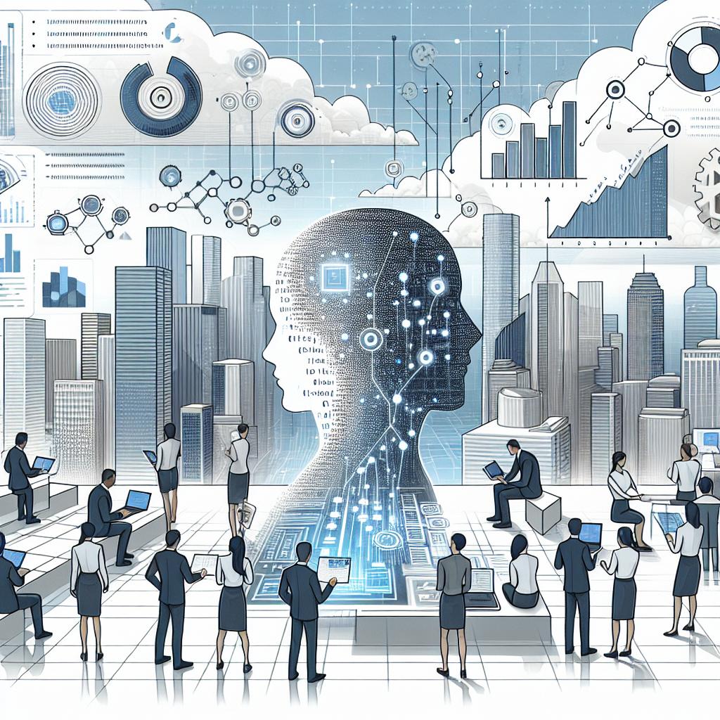 A futuristic, 2D, linear perspective corporate, vectorial, and flat-style illustration on a textureless white background. Depict a scenario where technology professionals are interacting with artificial intelligence models. Visual elements should represent data and quantification. Incorporate programming codes onto the elements representing technology. Include quantitative data charts symbolizing analysis. Above the depicted scene, portray a promising future with a blue sky interspersed with clouds. Represent diversity in the technology sector by incorporating figures of different ethnic backgrounds such as Caucasian, Hispanic, Black, South Asian, and Middle Eastern.