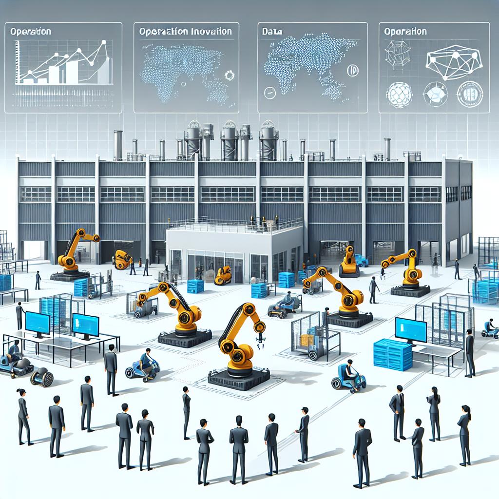 Innovative simulation of industrial robot fleets as presented during CES 2025. Set in a digital factory environment, autonomous robots are in full operation. Visualize this scene in a flat, corporate vectorial style. The backdrop is plain and textureless white. The perspective should be 2D and linear. Besides autonomous robots, symbolizing logistics innovation, other elements to be included are computers, symbolizing control and digital simulation. The industrial environment represents the context wherein the technology is implemented. Data graphs are also included to highlight operation analysis and optimization. A group of people, both male and female of varying descents such as Caucasian, Black, Hispanic, Middle-Eastern, and South Asian, are seen interacting with the technology, highlighting human-machine collaboration.