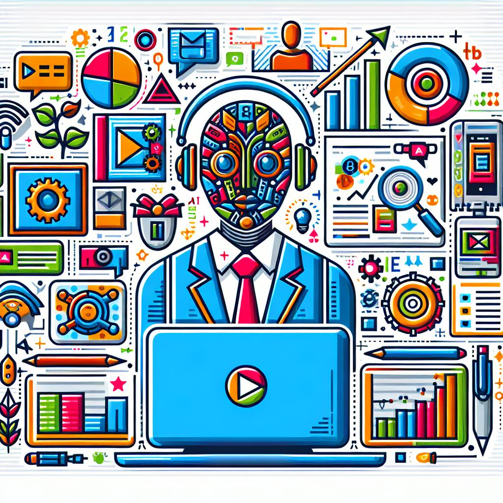 Create a 2D, linear, flat, corporate-style vector image set against a plain, white, textureless background. The image depicts an eLearning industry professional leveraging AI technology to produce educational videos. Key elements include a brightly colored, interactive AI avatar symbolizing the advent of digital education; a computer screen representing the content development landscape; and various charts and learning tool icons that underscore the diversity of methods and tactics employed in online education. The color palette consists of vibrant hues to attract attention and symbolize innovation.