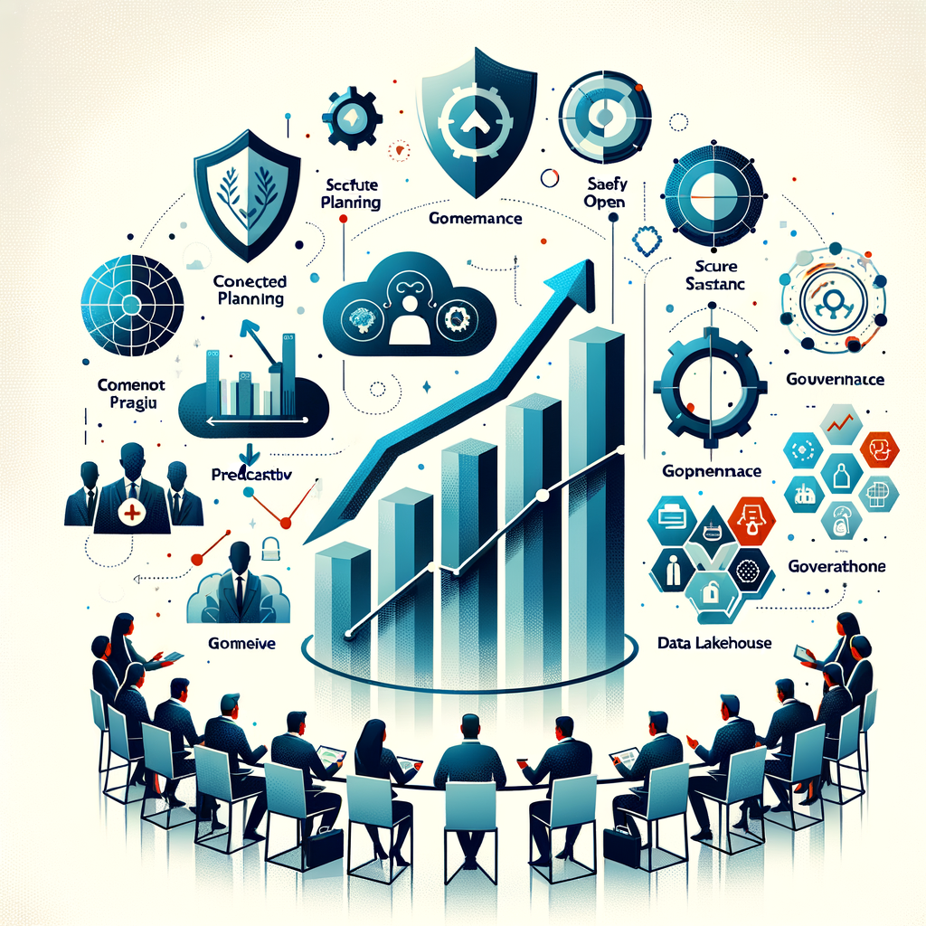 Create a corporate and 2D vector image set on a texture-less white background. In this image, prominent elements should include logos symbolizing two tech companies involved in a strategic partnership. These two logos should be distinct, with one symbolizing a firm specializing in connected planning and predictive modeling, the other representing a company known for its secure and open data lakehouse solutions. In the background, subtly incorporate a data graph symbolizing the use of data lakehouse and data analysis. Also, depict a group of people of various descents and genders participating in a meeting to denote collaboration across departments. Add some safety and governance iconography to underscore the importance of these aspects in data handling. Finally, incorporate an upward-pointing arrow to symbolize growth and competitive advantage promised by this partnership.