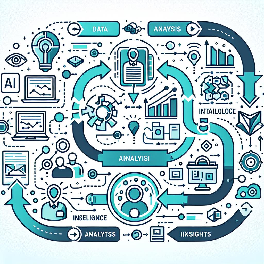 Create an image in 2D, linear perspective with a corporate, flat, vectorial style. It's a white, textureless background that represents the flow of data in Conversational AI Intelligence. The process is depicted with each step depicted by freely designed icons, i.e., data capture, analysis, insights on a digital background symbols that represents the technological environment. The flow of information is shown through arrows. Use shades of blue and green colors to portray innovation and technology.
