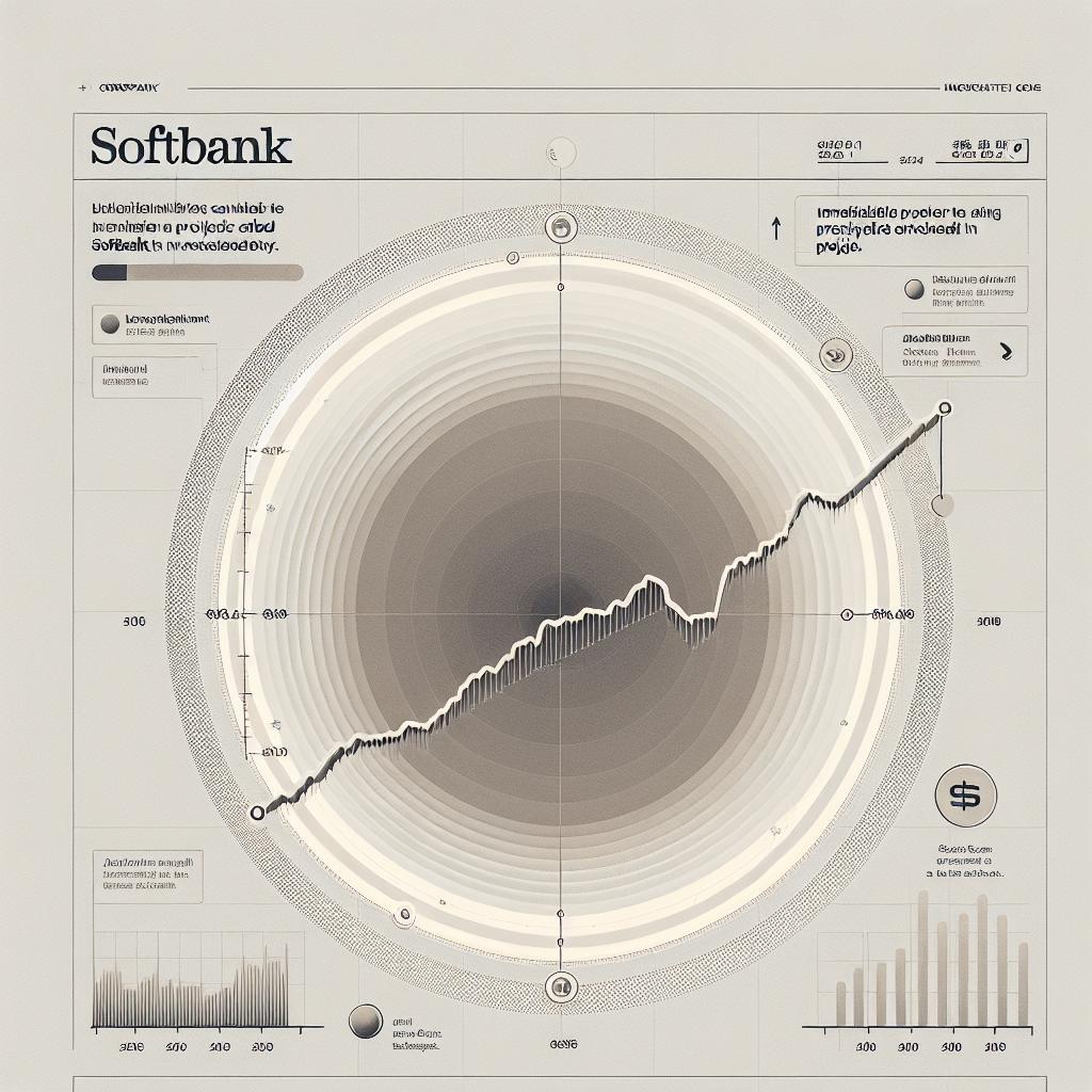 An illustrative 2D flat, corporate-style vector image on a plain white, textureless background. Centered is a neutral-colored line graph oscillating downwards to represent SoftBank's share performance. The graph annotates the significant drop correlating with a $500-billion-dollar investment in a project called Stargate by the technology giant's CEO and an unidentified public figure. Additionally, include the immediate recognizable SoftBank logo for straightforward company identification. Use neutral colors throughout, emphasizing the seriousness and focus on information.