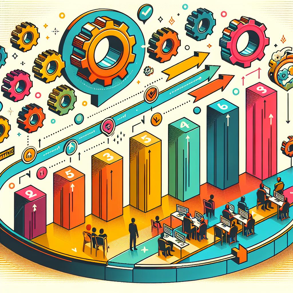 Create a 2D, linear perspective illustration in a corporate, flat, vector style. The image should feature an interactive chart representing the seven steps to effective training programs. The chart should use vibrant, warm colors that attract attention and convey energy. Accompanying each of the steps are symbolic icons, such as gears representing the development process, and arrows indicating the flow of the process. The backdrop for this image is a simple, textureless white background. The overall feel of the image underscores the importance of creating efficient training structures in the face of rapid technological shifts.