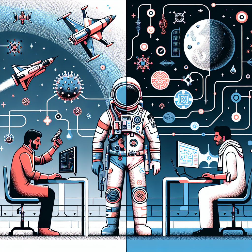 Create a futuristic vector illustration in a flat, corporate style, presented in 2D linear perspective, on a white and texture-less background. The image should depict an astronaut of South Asian descent on a space mission, surrounded by elements of biotechnology symbolizing the innovations for the safety in space travels. On one side, a gamer of Middle-Eastern descent is seen interacting with an artificially intelligent Non-Player Character (NPC) in an immersive video game environment. The contrast between the hostile space scenario and the interactive video game environment should be emphasized.