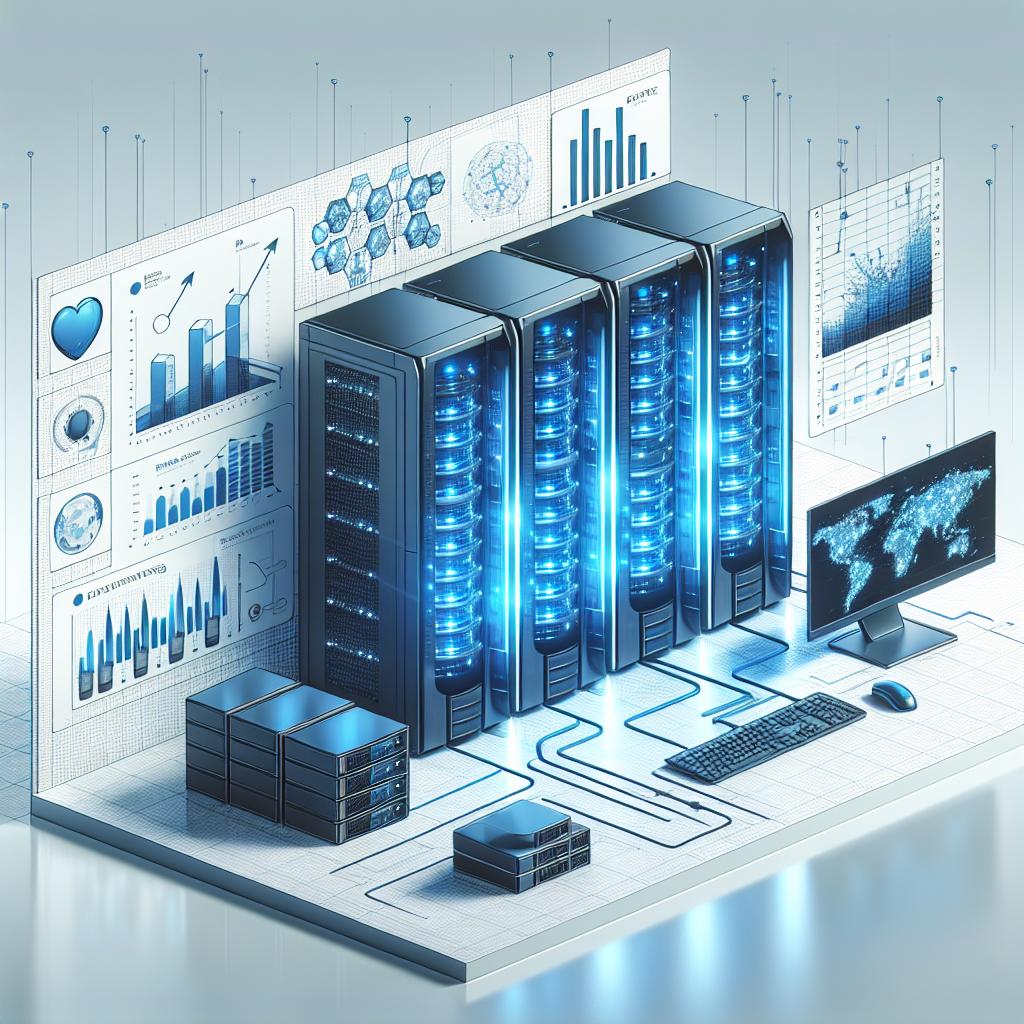 Create a 2D, vector-style flat corporate image on a plain, texture-less white background. The focus of the image is the El Capitan supercomputer, glowing with modern blue LED lights in a contemporary data center setting. Data servers are highlighted, indicating the advanced infrastructure of the supercomputer. Additional elements to represent include data graphs depicting the capacity for complex simulations and a monitor displaying simulation results, emphasizing the practical application of the supercomputer. This image is to symbolize power and technological innovation.