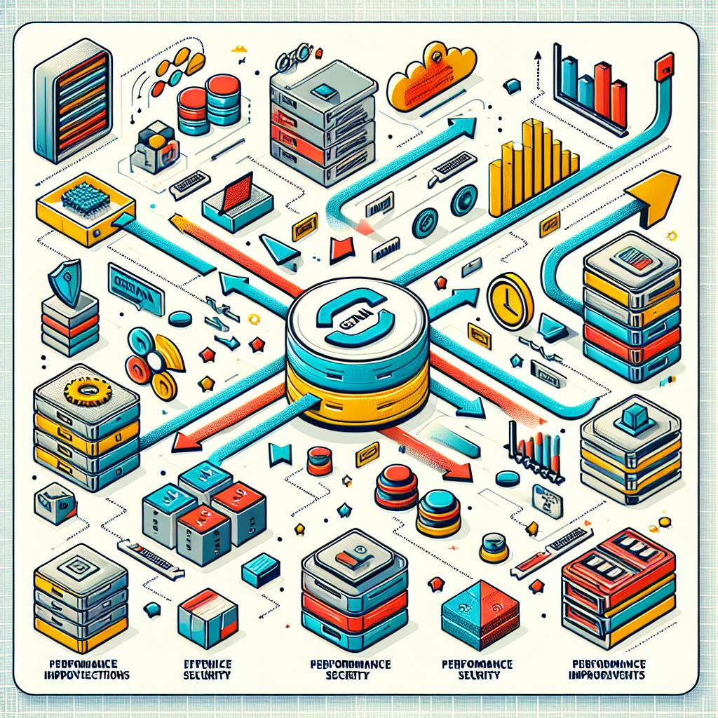 A vector-style, flat, corporate image on a white, untextured background. The perspective is 2D and linear. We see a detailed portrayal of interconnectivity between various data sources and a GenAI application. It's highlighted by arrows moving between the databases and GenAI that represent data transmission. To symbolize data security during transport, icons of security are present. There's a visual emphasis on vibrancy, suggesting modernity and innovation within the GenAI ecosystem. Performance graphs depict efficiency improvements due to correct connector usage. An all-encompassing digital environment provides the technical basis of GenAI.