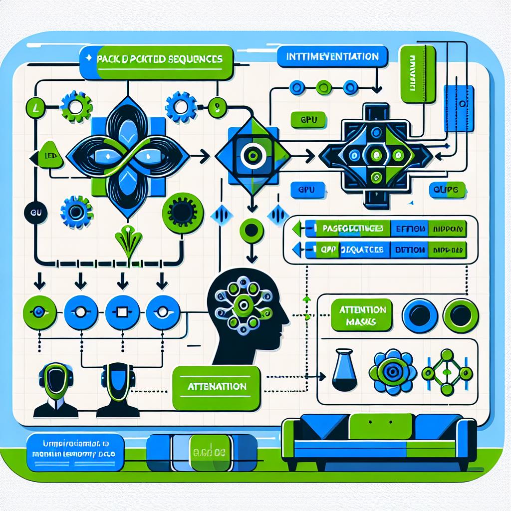 Create a 2D vector-style image in a corporate flat style. The image should depict an infographic detailing an innovative technique for optimizing the training of large language models (LLMs). The infographic should include elements such as flow charts showing the integration of packed sequences in the model, GPU icons symbolizing the optimization of memory usage, and attention diagrams illustrating how attention masks work. The color scheme should use complementary colors, with blue representing efficiency and green symbolizing innovation. The backdrop of this informative design must be white and textureless, emphasizing its sleek, corporate aesthetic.