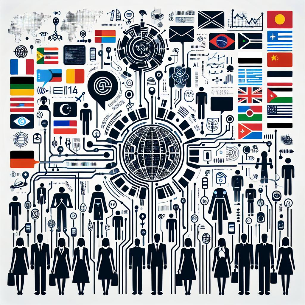 Create a futuristic, vector-style, and corporate 2D image on an untextured white background. The illustration should highlight the interconnection of people of different descents, using a universal translator symbolized by an advanced device. Include an array of flags to represent the 101 languages supported by the SeamlessM4T AI system, developed by a group of AI scientists for real-time voice to text translation and vice versa. Also, include silhouettes of people of various descents such as Caucasian, Hispanic, Black, Middle-Eastern, South Asian demonstrating the cultural diversity. Lastly, add tech elements like circuits and charts to emphasize the utilization of AI.