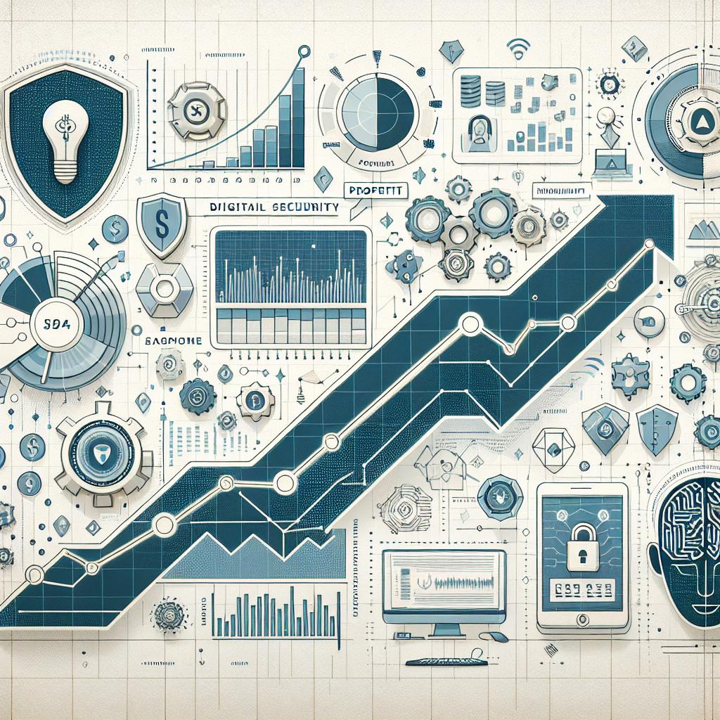 A flat, corporate styled and vector-based image illustrating the evolution and growth of the software company from Jerusalem, Check Point Software Technologies. Shown in a 2D, linear perspective, the image should contain elements such as graphs denoting profit, digital security icons, and depictions of artificial intelligence. These items symbolize the company's financial expansion, its field of operation, and the innovative factor driving the company. The backdrop of the image is a simple, texture-less white background.