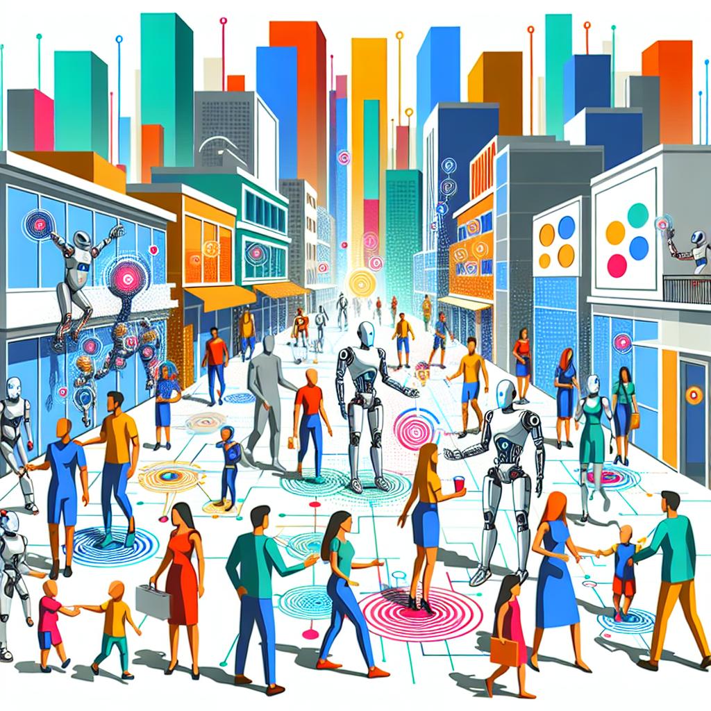 Create a transforming 2025 scenario where Artificial Intelligence (AI) has emerged as a tangible reality, boosted by the demand for specialized engineers and the introduction of humanoid robots integrating into daily life. Craft a vector art style, flat and corporate, which showcases humanoid robots interacting with human beings in an urban environment, symbolizing the integration of AI into everyday life. The characters displayed include an assortment of male and female human beings from various descents such as Caucasian, Black, Hispanic, South Asian, and Middle East. The image's backdrop is white and textureless. The perspective is 2D, Linear. Other critical features include vibrant color schemes to represent innovation and technology, a modern urban scenario reflecting the future life with robots, humanoid robots symbolizing the exploration and coexistence with AI, and interactions between humans and robots alluding to the future collaboration.