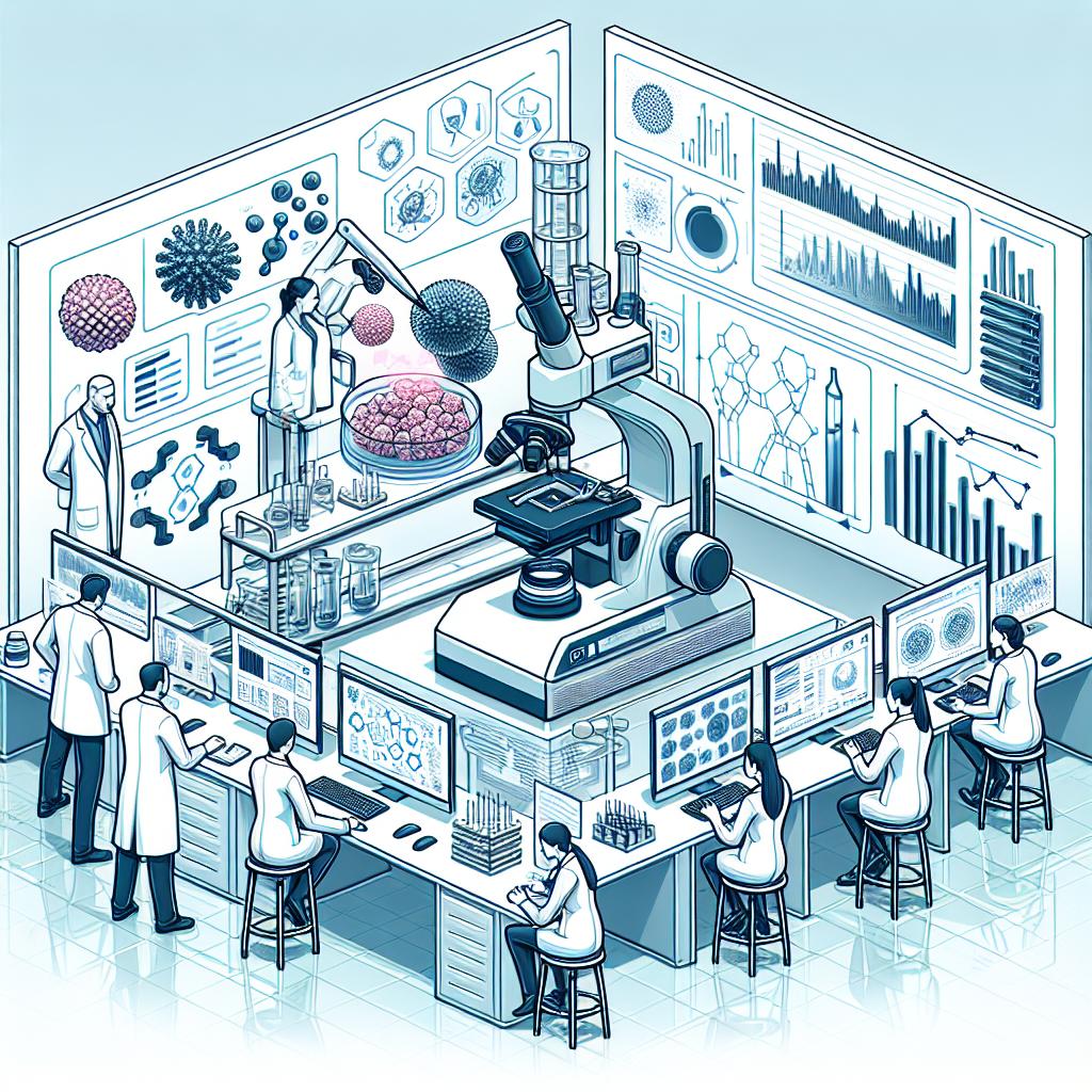 Visualize a modern biotechnology laboratory where scientists are analyzing cells under a microscope and interacting with advanced technologies. The scientists, consisting of both men and women from different descents including Caucasian, African, Hispanic, and South Asian, symbolize the collaborative team pioneering new technologies. A large screen displaying data and charts signify the incorporation of artificial intelligence in their research. Key elements in the room should include high-tech equipment, sophisticated computer interfaces, and sleek, clean surfaces, all set against a plain white background for a minimalistic, corporate look. The completed scene should convey a sense of innovation and scientific discovery in the field of longevity science. The entire artwork should be in a 2D, linear, vector style.