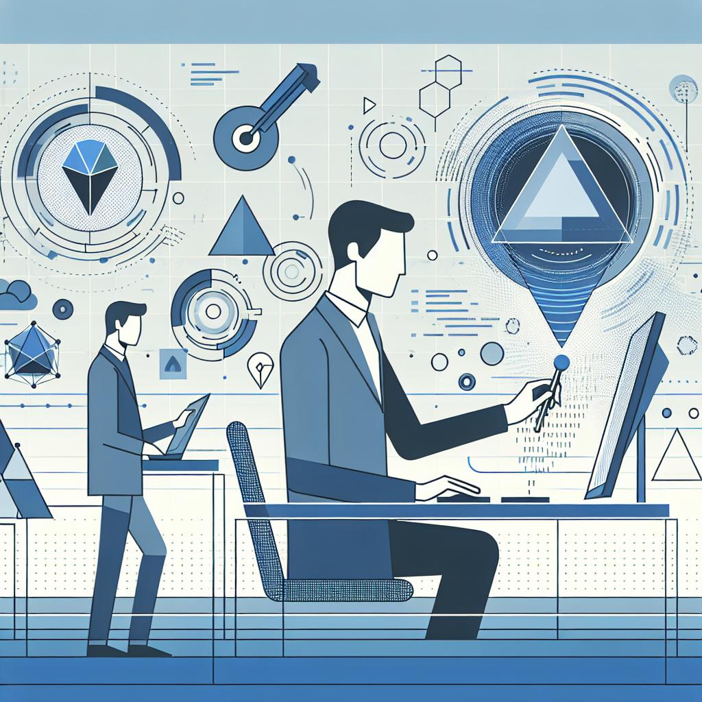 Create a 2D, linear perspective image on a plain, white, untextured background. The illustration, done in a vectorial, flat, and corporate style, should display a professional (gender and descent unspecified) fine-tuning commands on an AI software. Surrounding them are floating graphical elements symbolizing technology and data, which represent the analysis and creativity involved in their work. Cool colors like blues and greys feature prominently in the image, conveying a sense of technology and innovation.