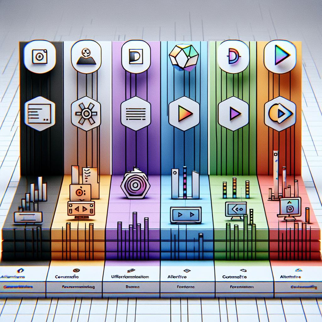 Imagine a minimalist 2D, linear perspective image set on a white, textureless background. In the foreground, there are six distinct vectors, each one representing alternative video platforms to D-ID. The vectors are denoted with different vibrant colors to signify modern technology. Each platform has its own avatar, demonstrating various customization options available. Accompanying each avatar and logo are bar graphs showing the diversity of functions each platform provides. Also, there are brief descriptive text captions underneath each platform's vector, providing concise explanations about each alternative.