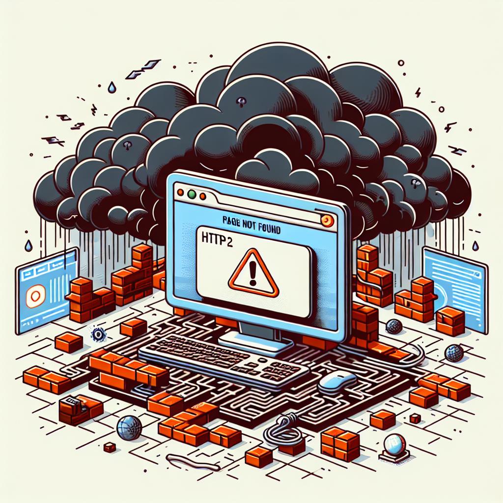 Craft a 2D, linear perspective illustration in a vectorial, corporate, flat style. The image should exhibit a theme of difficulty in accessing digital information. The foreground should depict a user's brick computer screen displaying a blank screen with a HTTP2 error symbol on it, symbolizing technical issues and the user's frustration. In the surrounding scenery, incorporate dark storm clouds to signify uncertainty and difficulties in the online realm. Incorporate digital technology icons also to relish the theme of digital information. The background should be set against a texture-less white backdrop. To emphasize the inaccessibility, place the English message 'Page not found' on the computer screen.