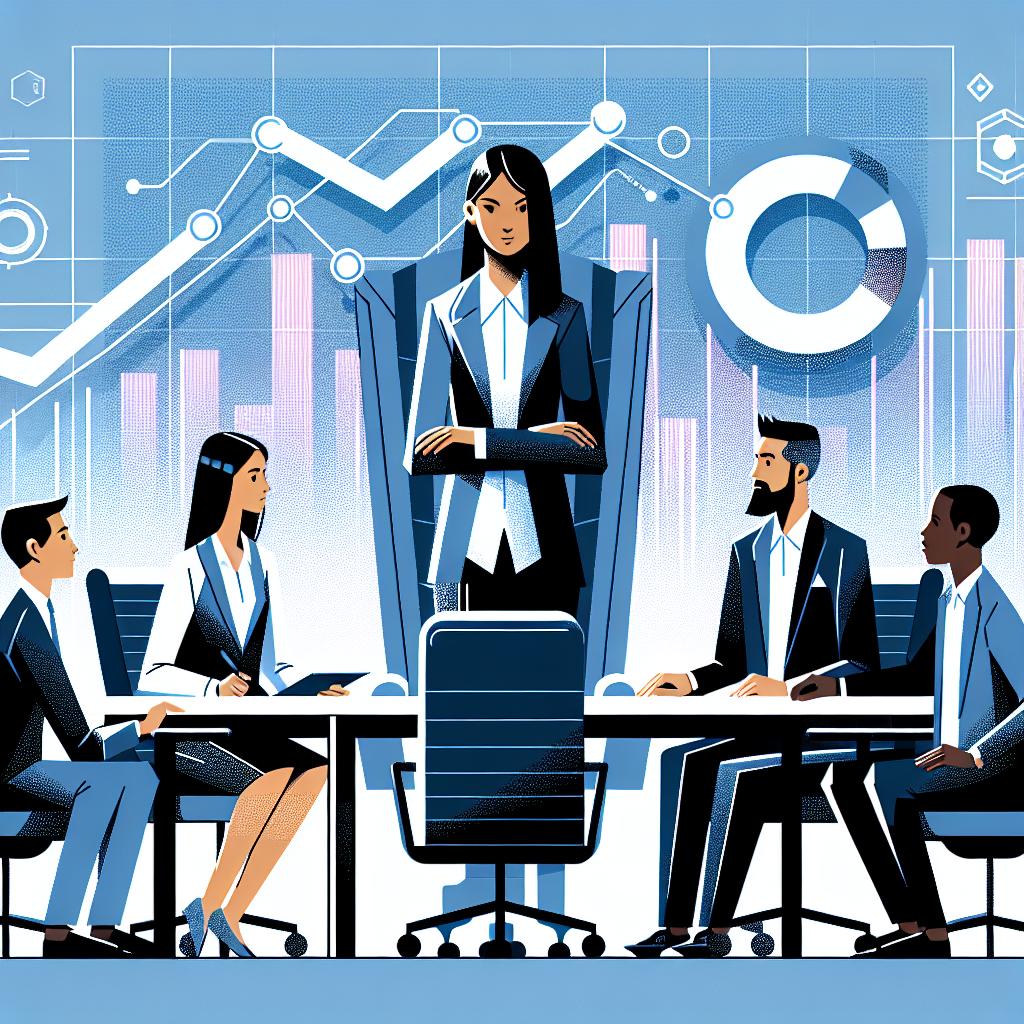 Display an image of a corporate restructuring scene, with openAI's chief technology officer, who is a South Asian female, and other executives in a meeting. We see two other executives - a Caucasian male and a Black female. They are gathered around a table signifying strategical decision-making. The setting is futuristic and technological which symbolizes the innovation and challenges faced by the company. The style is flat and vectorial. The backdrop is white and textureless, emphasizing a 2D, linear perspective. Additional elements in the background include advanced technology and ascending graphs, indicating growth and future challenges.