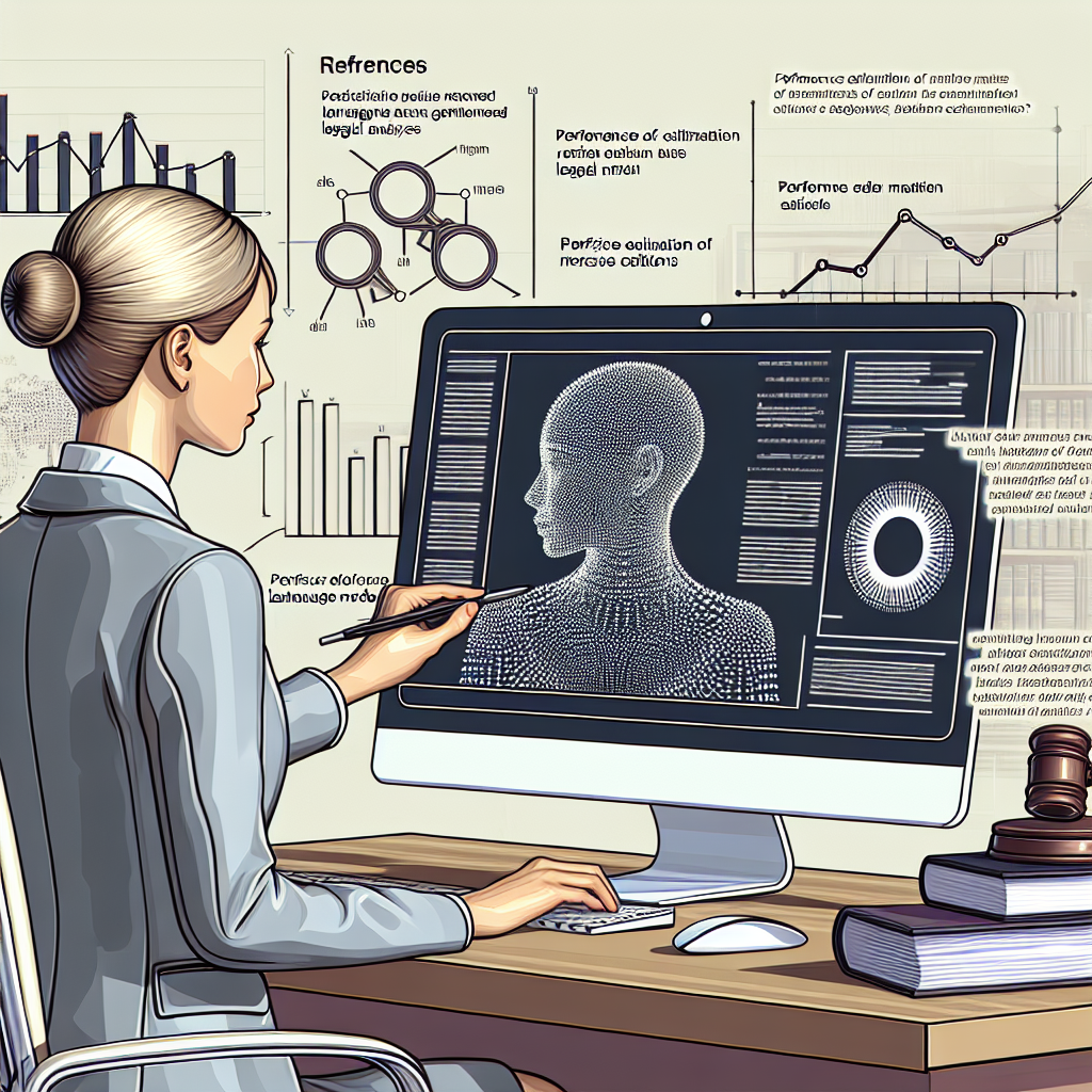 Produce a 2D, linear perspective image in a vector, corporate style with a white, textureless background. This illustration showcases a Caucasian female lawyer analyzing data on a computer. The screen displays references and citations, reflecting the importance of precise references in AI-generated legal analyses. In the backdrop, you can see graphs and legal documents signifying the performance evaluation of language models and the context in which they're being applied. These elements symbolize the modern technology used in legal practice and the target audience that benefits from it.
