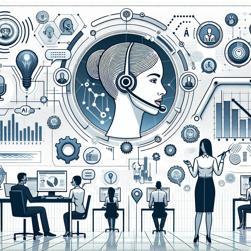 A visual representation of the interaction between customer service and technology. In this modern and technological setting, customer service representatives are seen utilizing Speech AI tools. They are depicted in 2D, linear perspective, in a vector, flat and corporate style on a white, texture-free background. We see icons of data analysis, symbolizing the effective collection and use of data in customer service. Performance charts signify the continuous improvement of customer experiences. Illustrations of satisfied customers reflect the positive outcome of good customer service. A technological backdrop emphasizes the use of artificial intelligence in customer service.