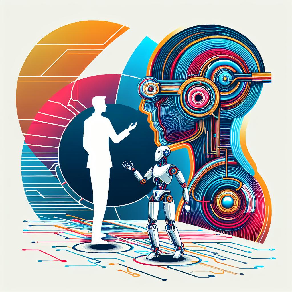 Create a unique image in a 2D, linear perspective with a focus on the new era of robotic technology. This image should be vector graphic and corporate-style, set against a white and textureless background. The image includes a humanoid robot, a symbol of innovation in robotics, interacting with a human that underlines human-robot interaction. These characters exist in the context of a vibrant virtual reality environment that highlights the use of simulations. The colours used should be bright to attract attention to the technology.