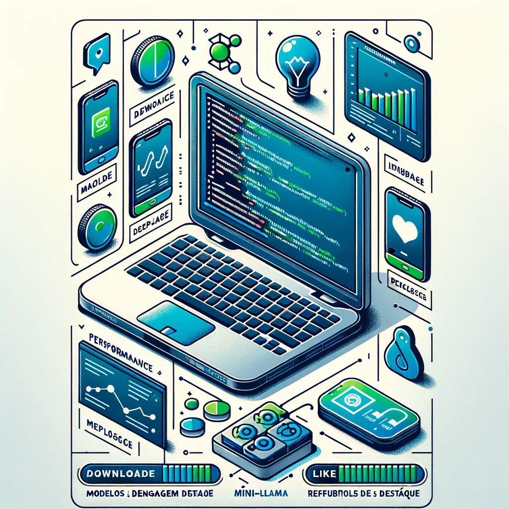 Create a 2D, flat, corporate-style vector image on a white, textureless background. At the top of the image, display the title 'Modelos de Linguagem em Destaque'. Below this, depict a laptop with code visible on the screen, symbolizing language models. Next to the laptop, add download and like icons, signifying the models' popularity. Include performance graphs in the background, representing the technical capabilities of the models. Lower down, incorporate the logos of the Reflection-Llama, MiniCPM, and DeepSeek models to highlight those specifically. The color palette should consist of shades of blue and green to signify technology and innovation.