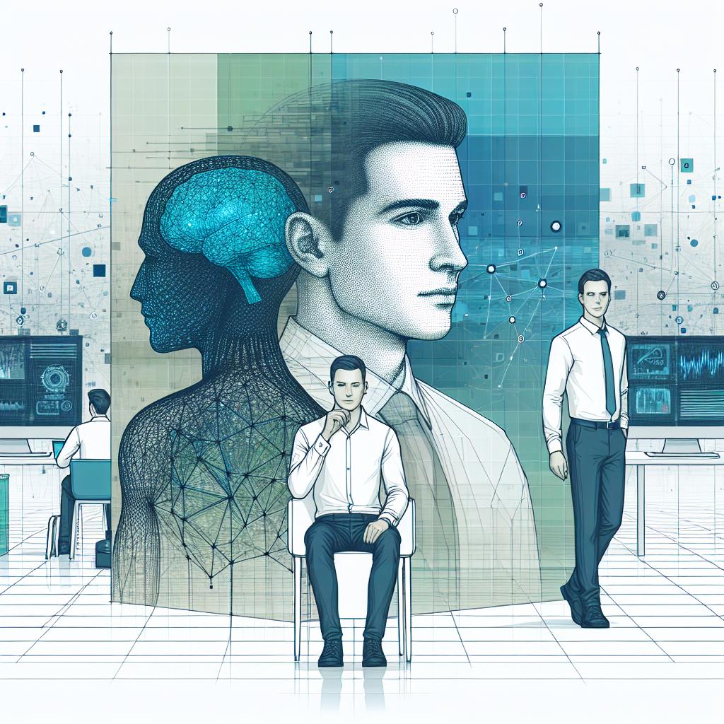 A stylized, flat-style, corporate vector 2D image with a linear perspective set on a white, untextured background. The focus is on two male figures, both innovators in the field of artificial intelligence. Neither individuals are recognizable, but one figure has a semblance to a renowned AI researcher, with a thoughtful expression, possibly thinking about new neural networks. The other figure is modeled around a business person, wearing smart casual attire. They are surrounded by screens projecting data and AI algorithms, symbols for cutting-edge research in AI. The environment is modern, indicating innovation and technological breaks. The color scheme integrates hues of blue and green, colors that often symbolize technology and the future.