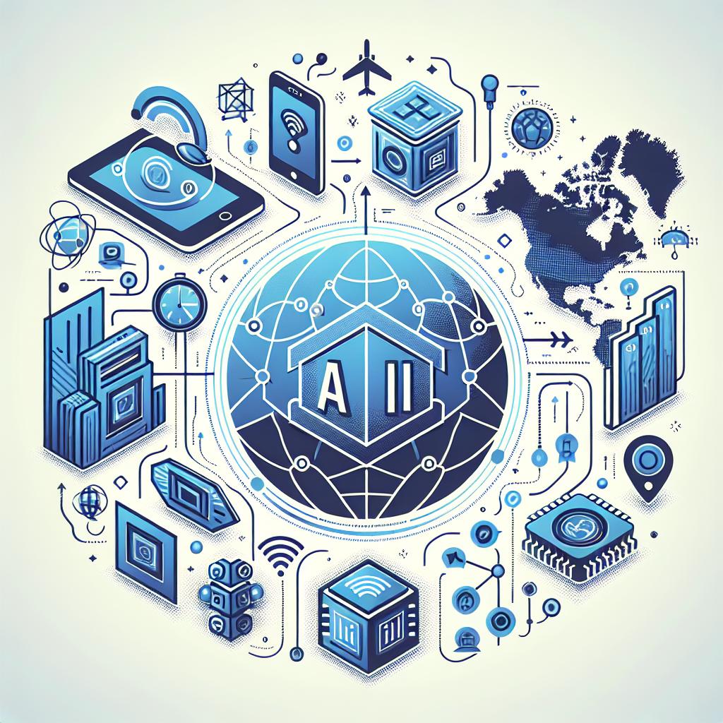 Create a corporate-style, 2D vector illustration on a plain white background. It's a graphic representation of the Chinese artificial intelligence company iFlyTek's expansion into Europe. As elements to include, provide a map of Europe to illustrate geographical expansion, and use technology icons, symbolizing products like tablets and AI chips. Show arrows indicating directions to represent the market's expansion and movement. Make use of cool colors, symbolizing technology and modernity.