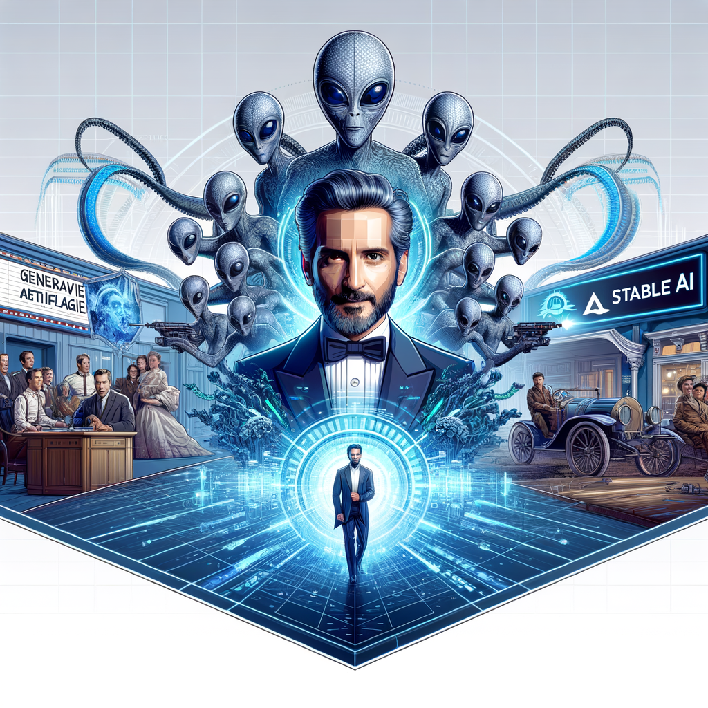 An image featuring a famous male filmmaker depicted in a futuristic setting surrounded by CGI and AI elements with the logo of a leading generative artificial intelligence company, symbolically named 'Stable AI', in the background. The setting includes references to iconic films, symbolizing the filmmaker's success, using a color palette dominated by shades of blue and silver to represent technology and the future. The style of the image is vectorial, flat, and corporate on a white, untextured background. The perspective of the image is 2D and linear. Additional elements in the scene include holograms or other graphics that represent the fusion of technology and art, and settings from an iconic, fantastic alien world movie, and an historical maritime tragedy movie.