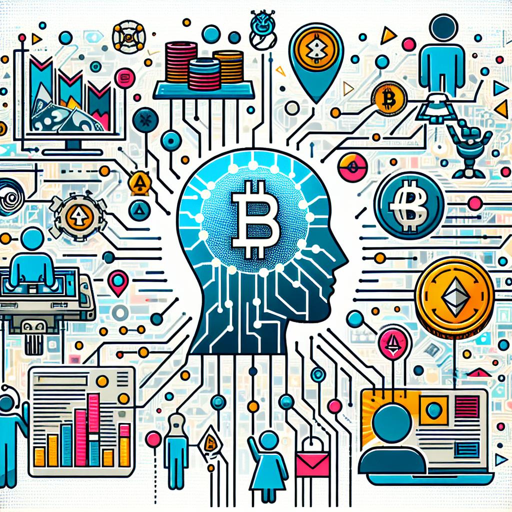 Please provide a vector, flat, and corporate-style image portraying a futurist scenario in 2025, where autonomous AI agents interact with elements of a digital cryptocurrency environment. Set against a white and textureless backdrop, let one side of the image have visual representations of financial transactions conducted by the agents and, on the other, social interactions within a decentralized network. Use a 2D linear perspective. The concept should be vibrant, suggesting innovation and technology. Incorporate icons of cryptocurrencies to symbolize the crypto ecosystem, autonomous agent figures to illustrate AI's autonomy, and lines connecting elements to hint at interactivity and networking.