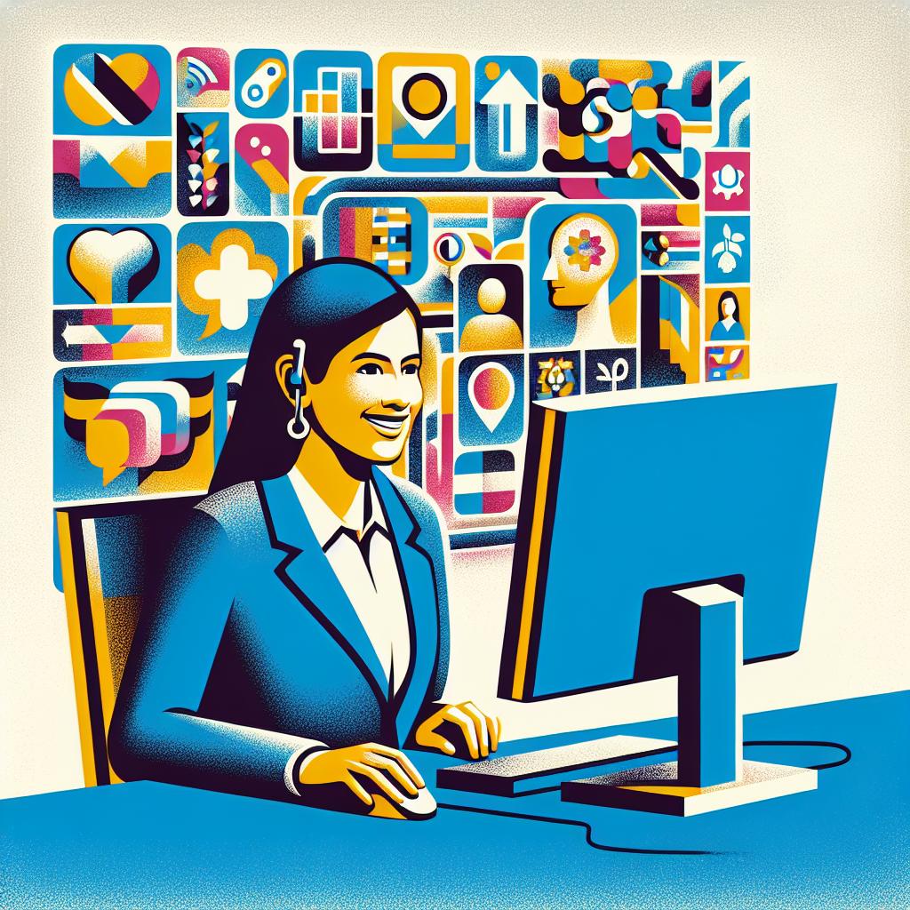 A vividly colorful, minimalist, and elegant 2D, flat rendering image with a corporate aspect, depicting a modern, inclusive public service scenario in the style reminiscent of 19th-century printmaking. A smiling government office worker, of Hispanic descent, is seated at a state of the art computer workstation. Arranged behind the official, covering the white and texture-free background, are icons that represent a multitude of languages, symbolizing linguistic diversity. These elements, taken together, convey the seamless integration of artificial intelligence in everyday public services, fostering inclusion and accessibility.